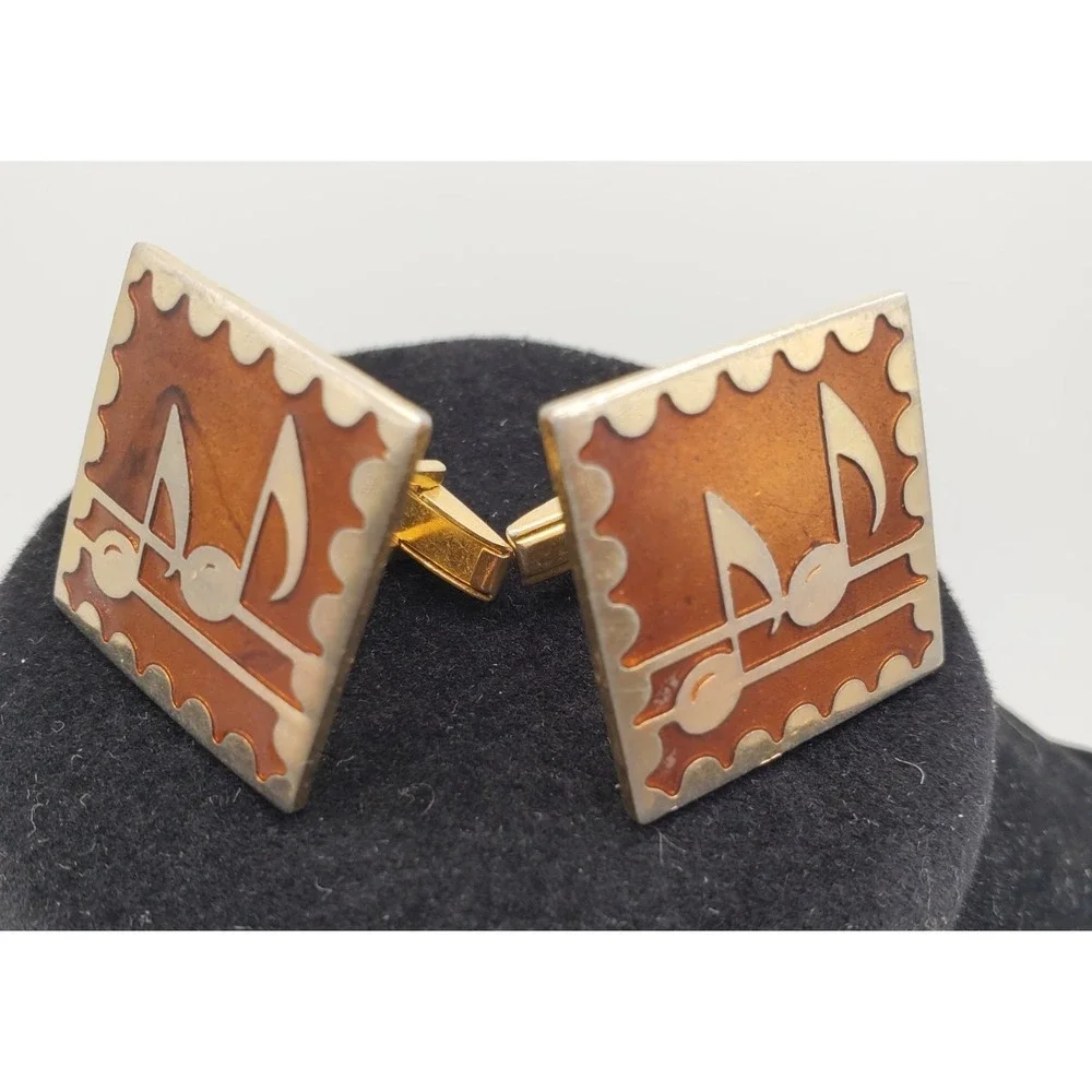 Vtg MCM Musicical Note Goldtone Coppertone Men Music Cuff Links